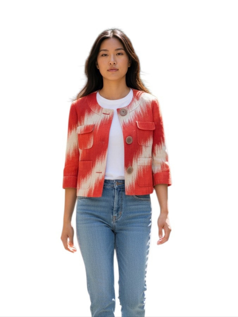 Michael Michael Kors Red White Cropped Blazer Jacket Snap Front 3/4 Sleeve Sz PS